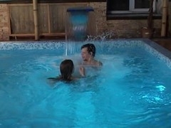 Large and precious swimming pool is used by a legal age teenaged playgirl for a sexy fuck